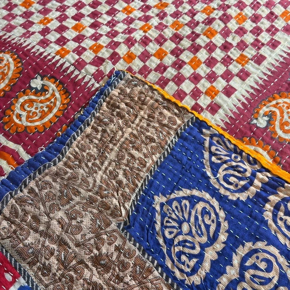 Vintage Kantha Quilt Twin Hand Stitched Sari Patchwork Boho Textile 52” x 80”